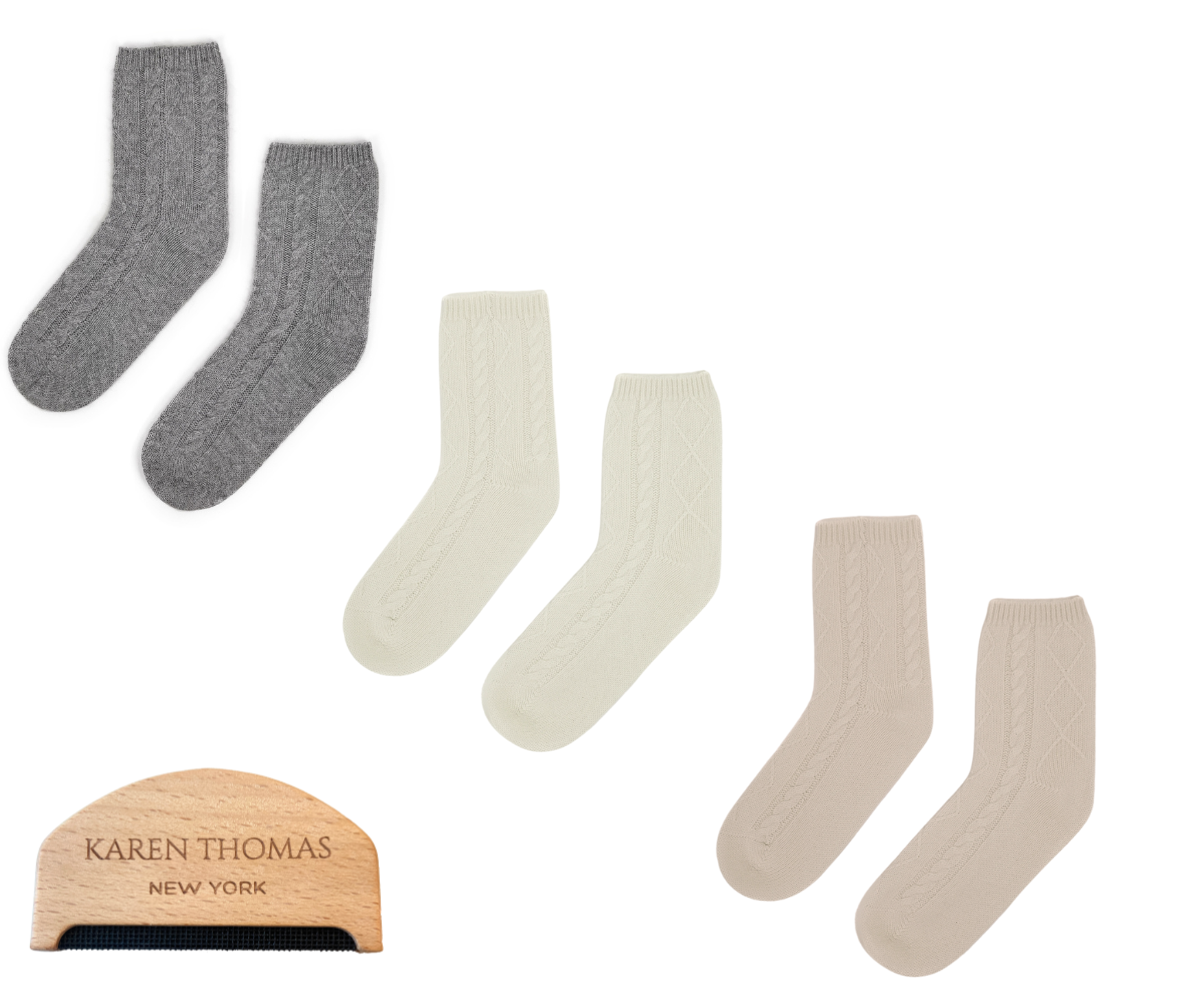 cashmere socks set of  3 cream grey and oatmeal with comb