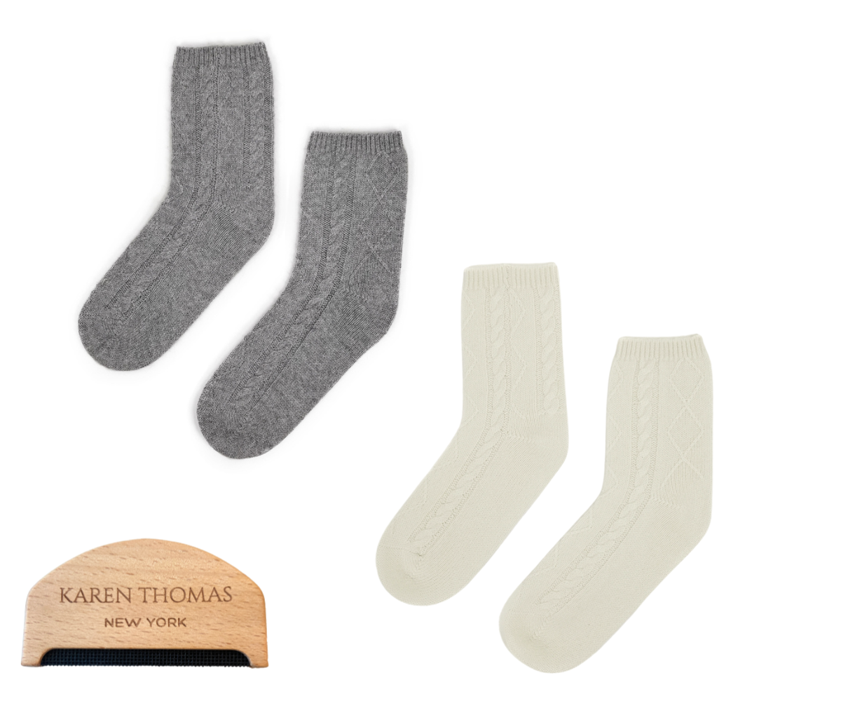 cashmere socks set of  2 cream & grey  with comb