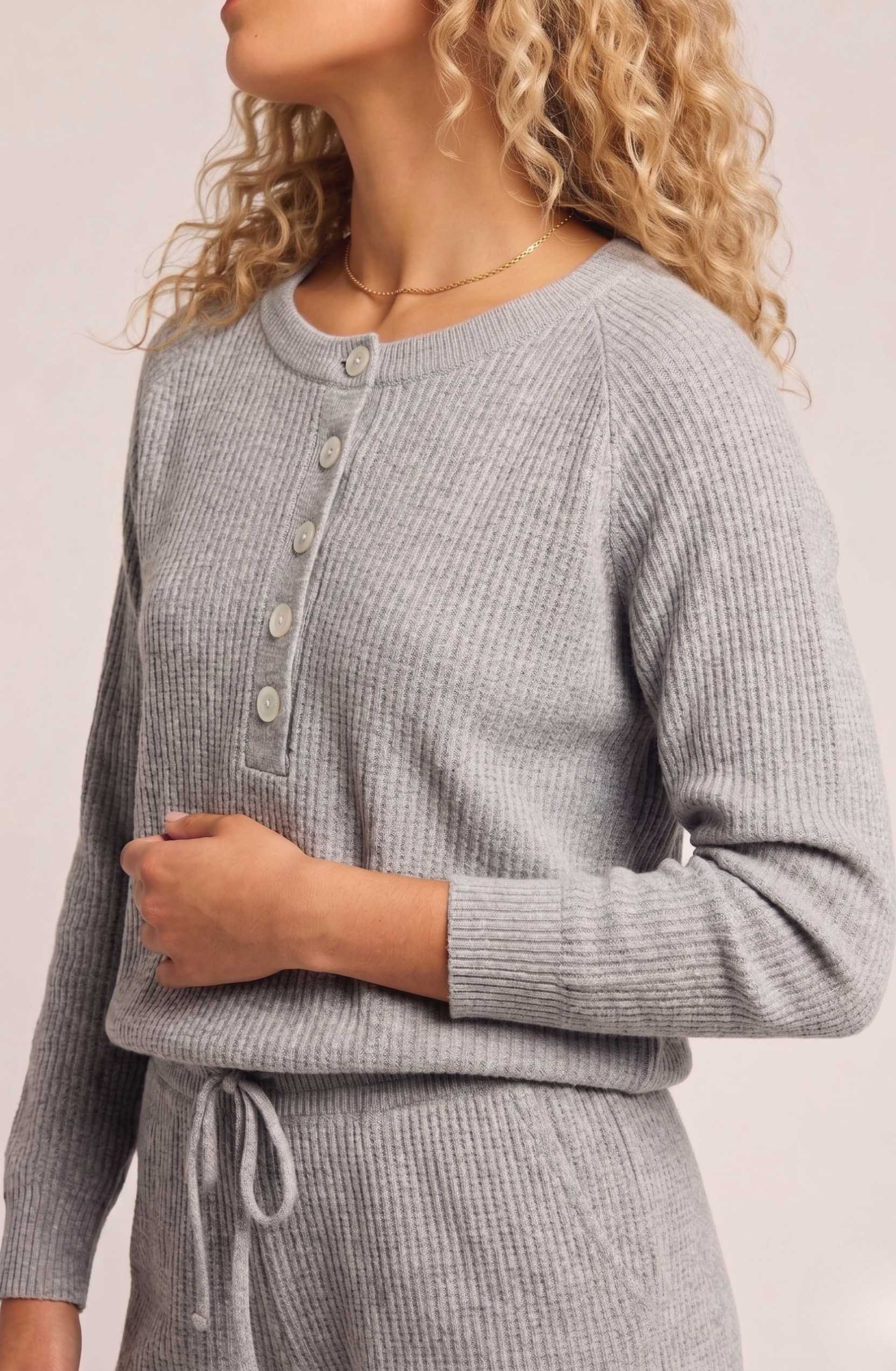 Cashmere Waffle Knit Lounge Set – Button Henley & Drawstring Shorts