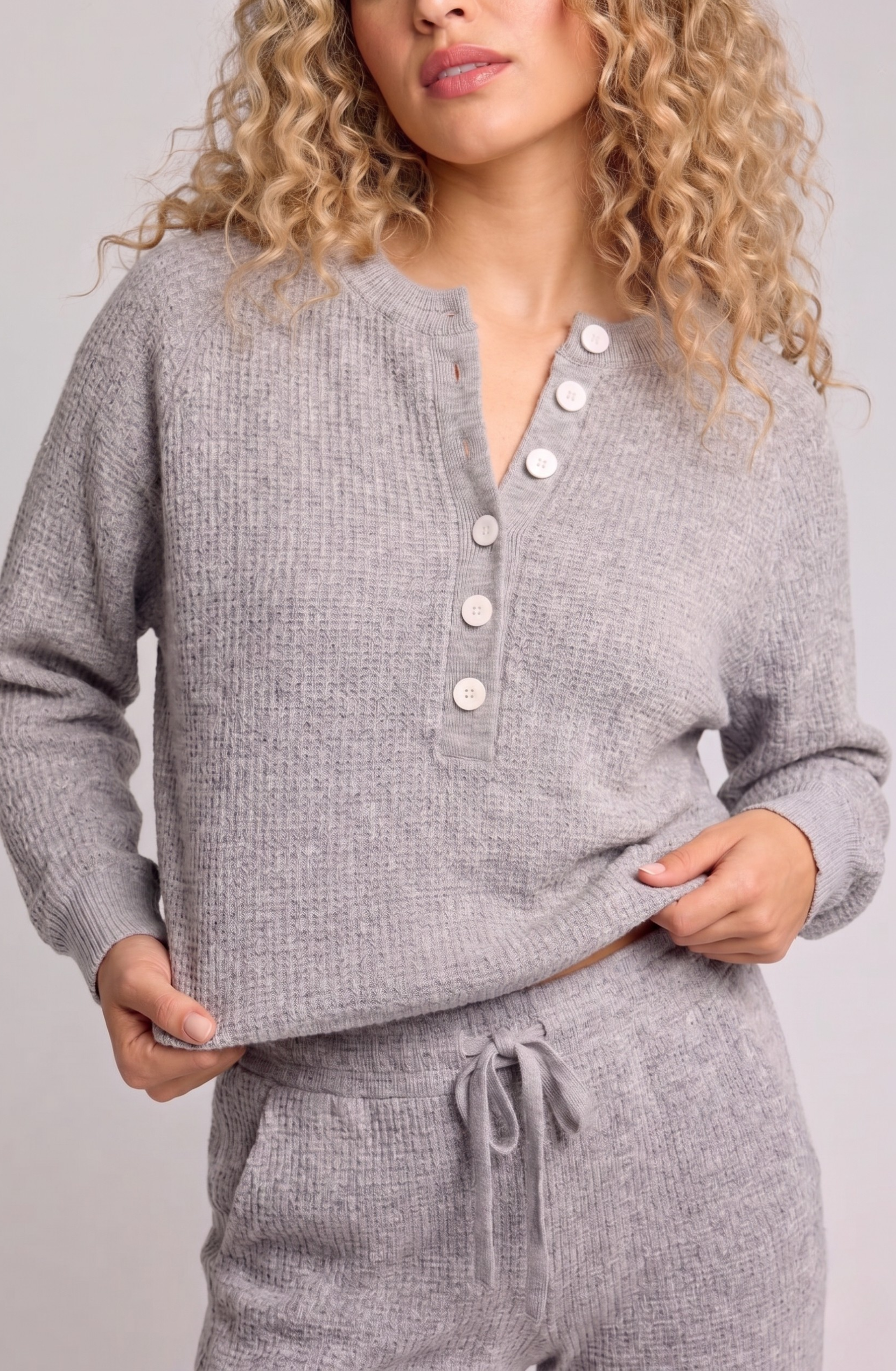 Cashmere Waffle Knit Lounge Set – Button Henley & Drawstring Shorts