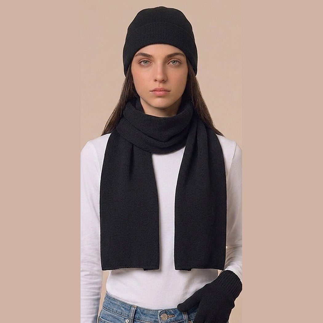 Wool Ribbed Knit Scarf, Gloves, Hat Set in Black — 100% Wool, Karen Thomas