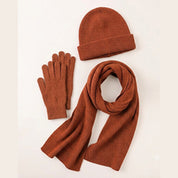 Wool Ribbed Knit Scarf, Gloves, Hat Set in Brown — 100% Wool, Karen Thomas