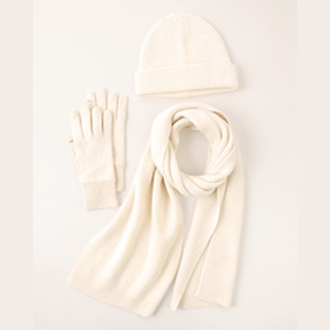 Wool Ribbed Knit Scarf, Gloves, Hat Set in Cream — 100% Wool, Karen Thomas