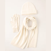 Wool Ribbed Knit Scarf, Gloves, Hat Set in Cream — 100% Wool, Karen Thomas
