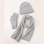 Wool Ribbed Knit Scarf, Gloves, Hat Set in Grey — 100% Wool, Karen Thomas