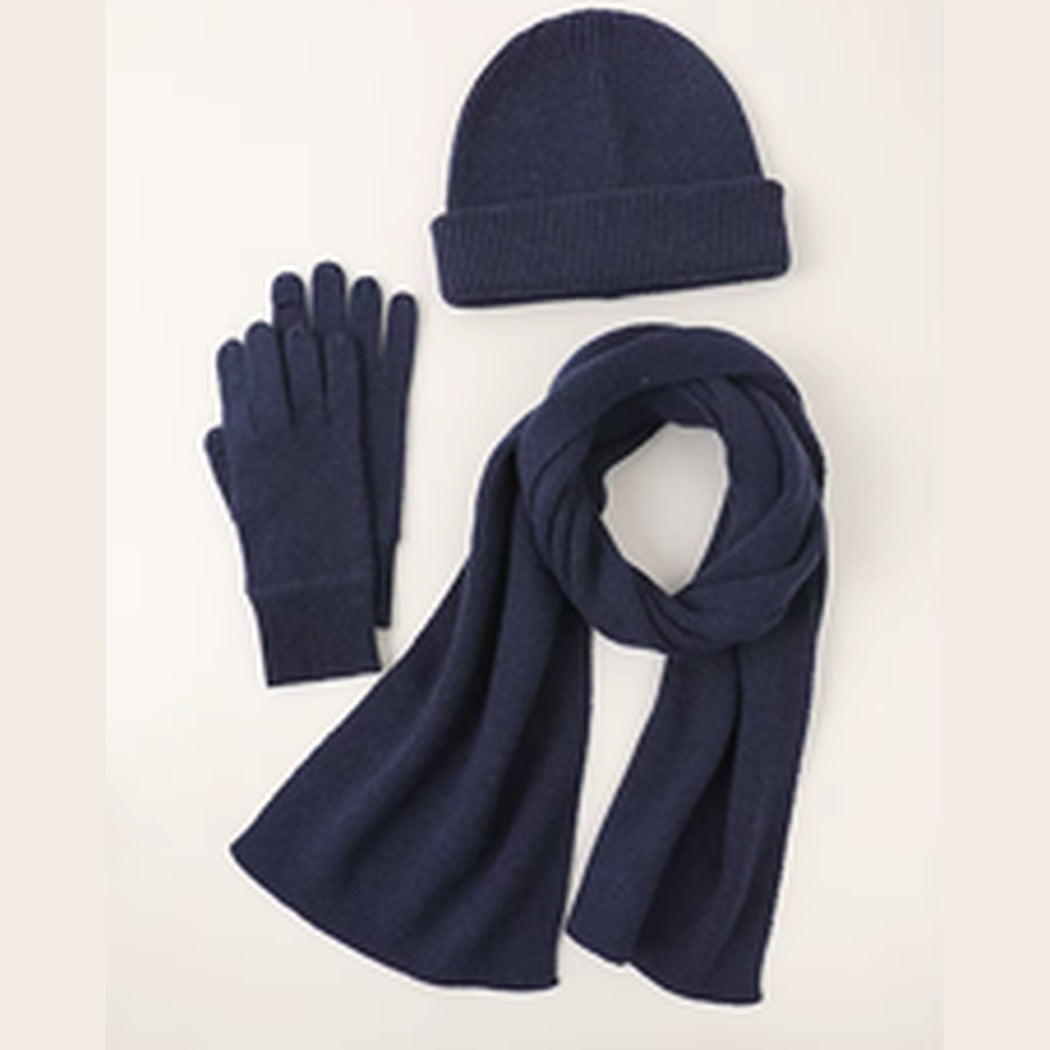 Wool Ribbed Knit Scarf, Gloves, Hat Set in Navy — 100% Wool, Karen Thomas