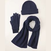 Wool Ribbed Knit Scarf, Gloves, Hat Set in Navy — 100% Wool, Karen Thomas