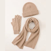 Wool Ribbed Knit Scarf, Gloves, Hat Set in Sand — 100% Wool, Karen Thomas