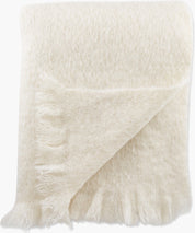White fluffy blanket with fringes on a white background