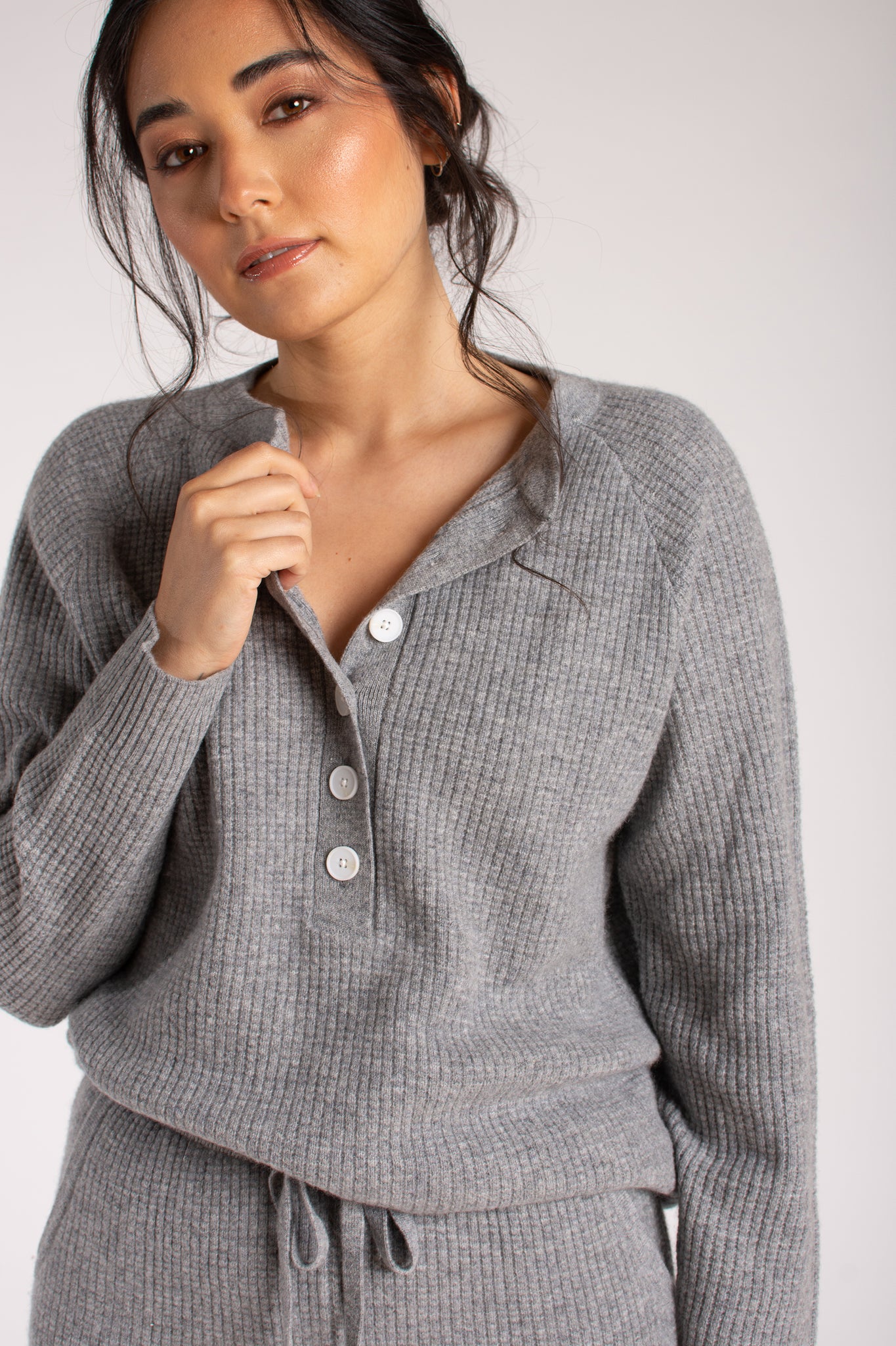 Cashmere Button-up Waffle Henley top