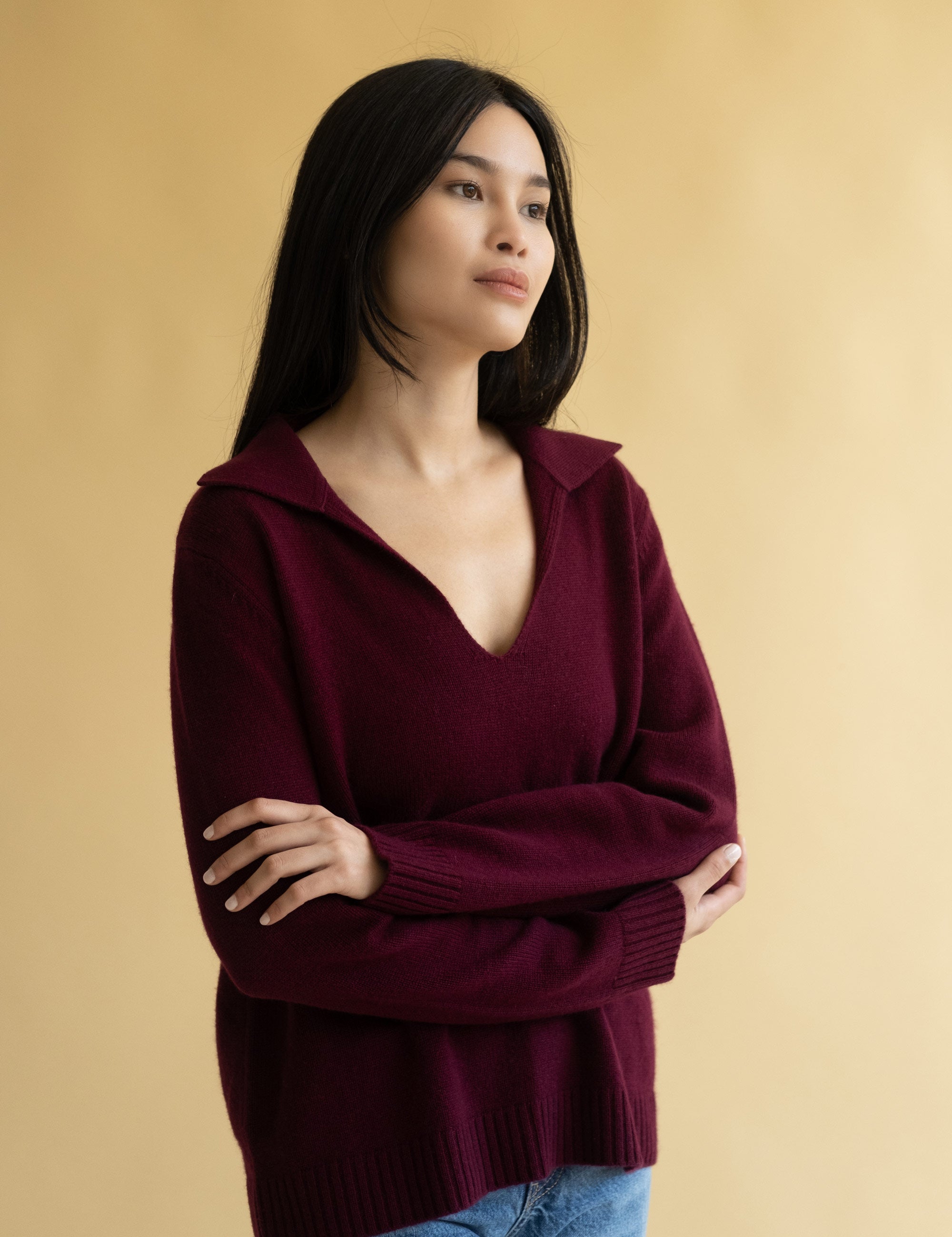 Deep Neck Polo Sweater - Cashmere