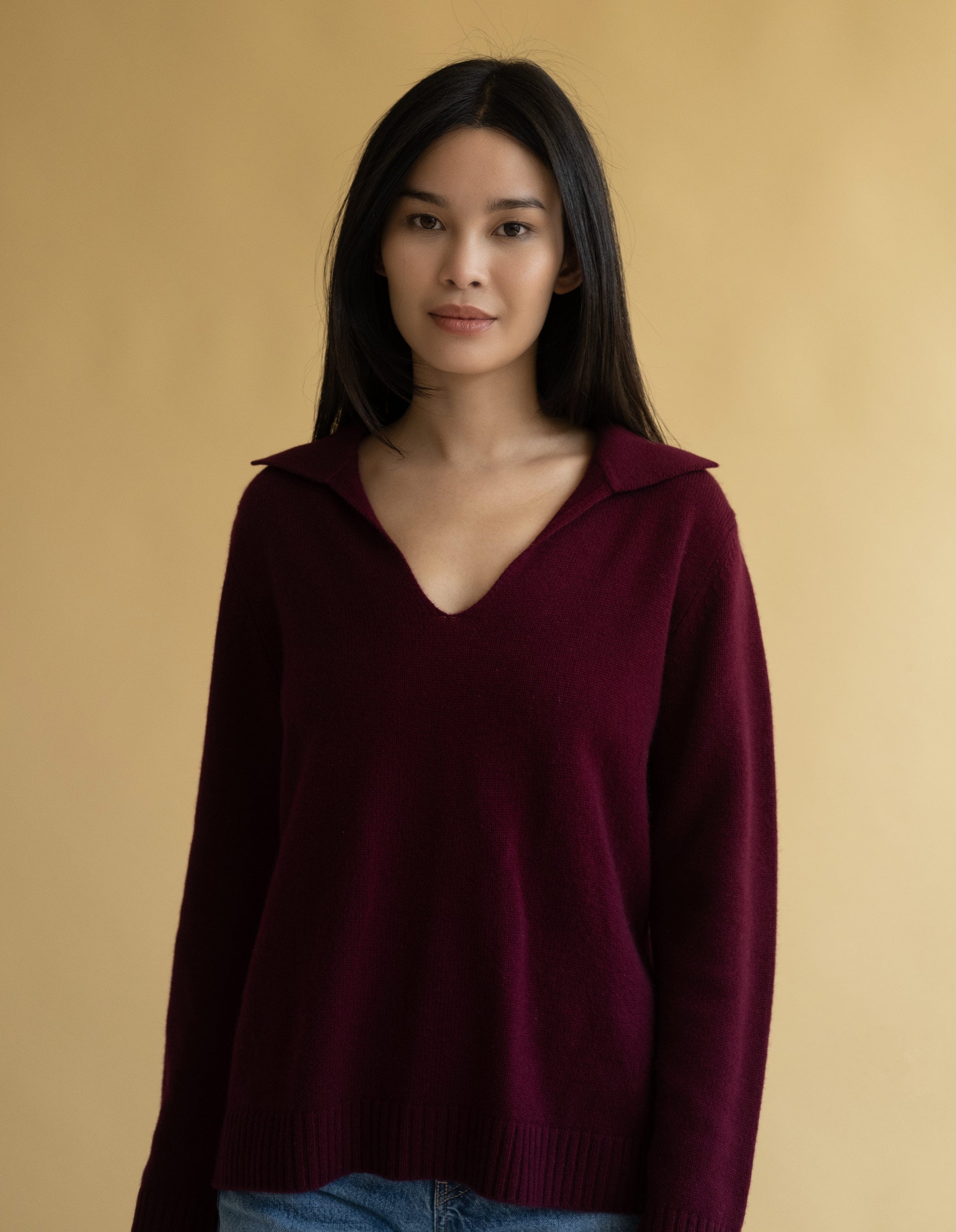 Deep Neck Polo Sweater - Cashmere
