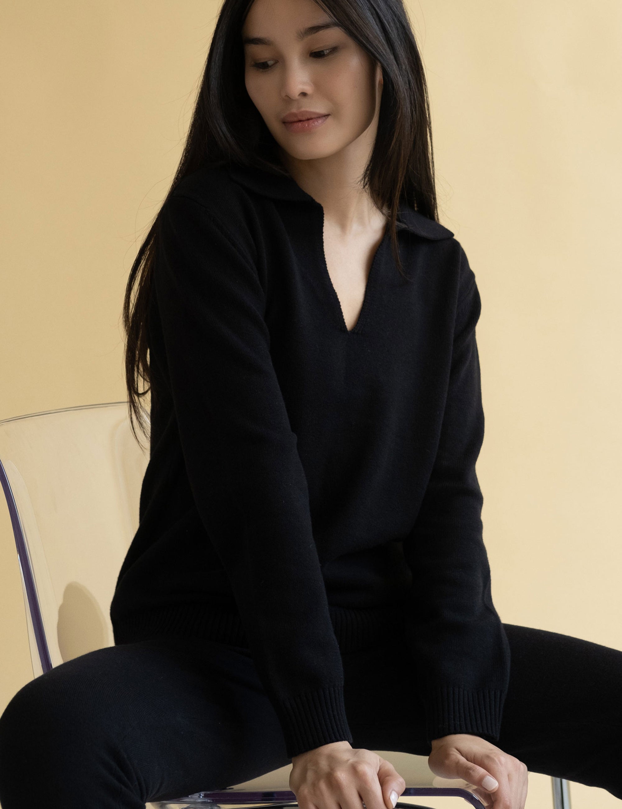 Deep Neck Polo Sweater - Cotton