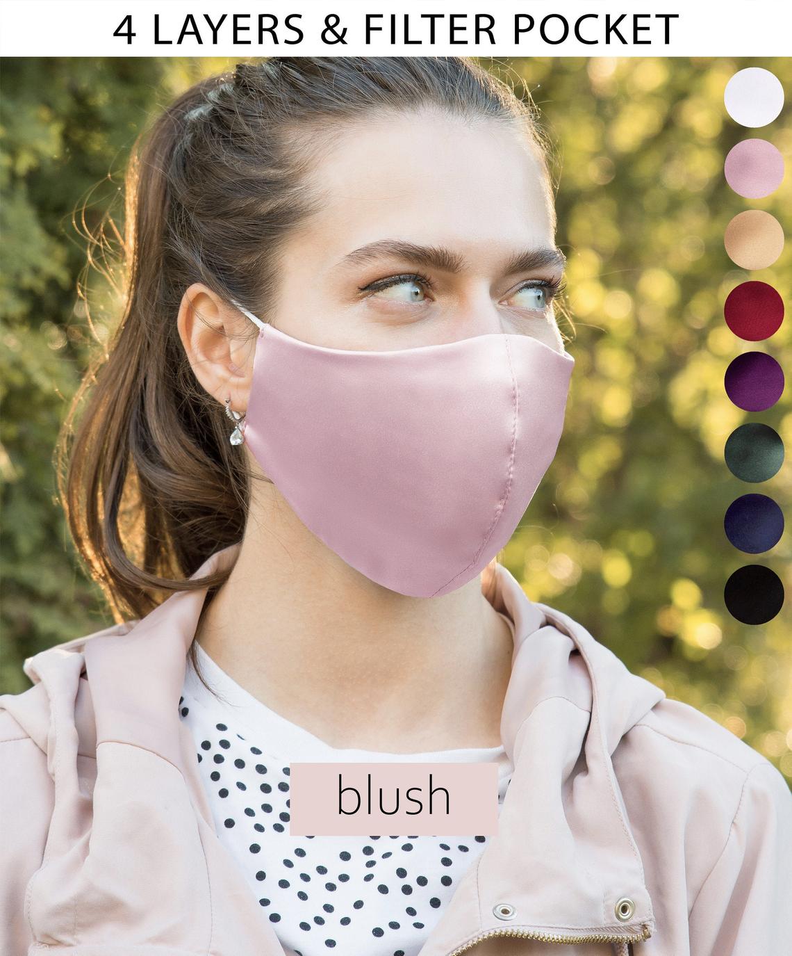 100% Silk Face Masks - USA Made - Adjustable Coverings - Blush Pink - pm 2.5 filter included