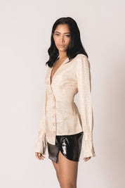 Brooke Button Skirt -Eco Leather Bottom Karen Thomas NY 