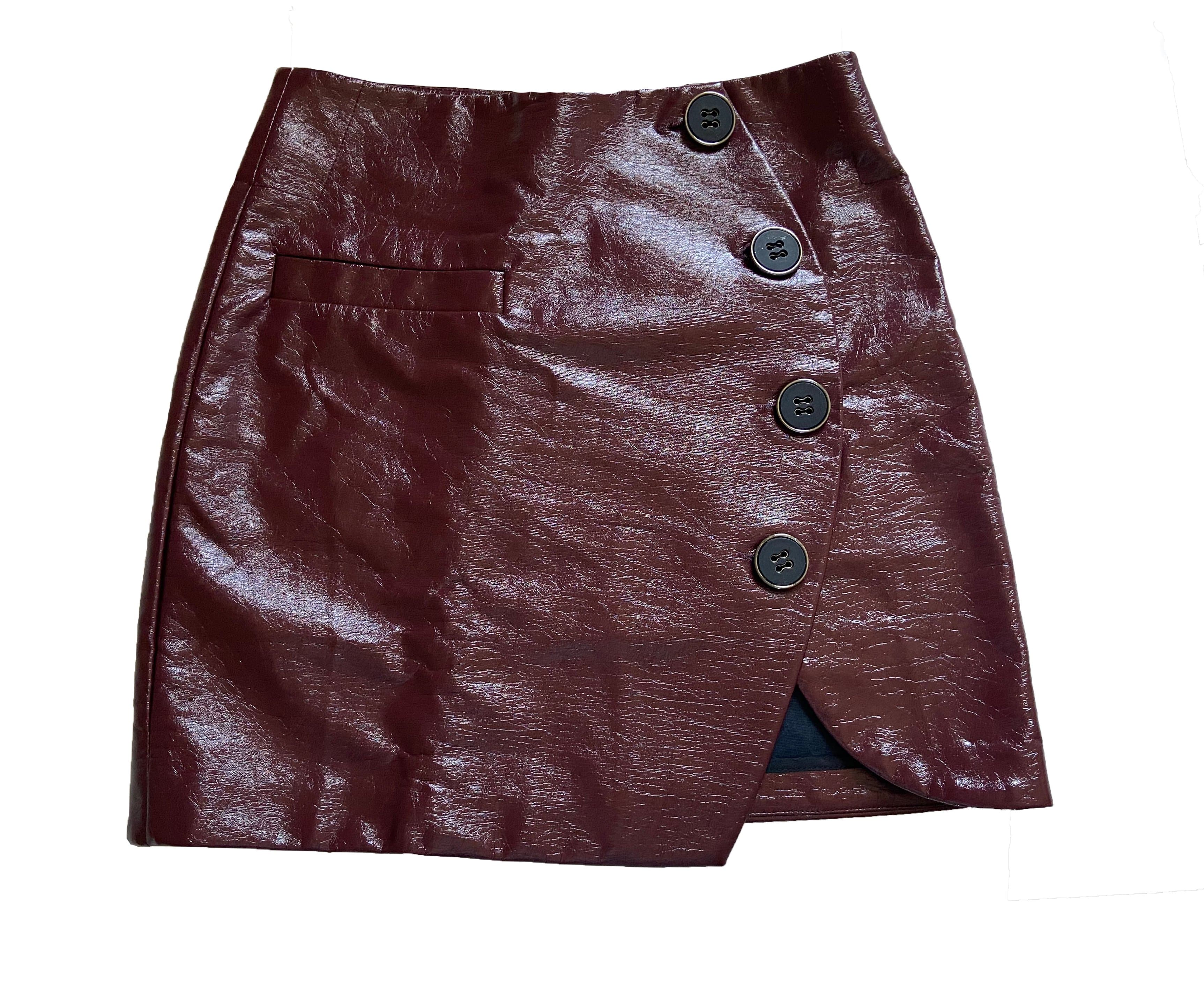 Brooke Button Skirt -Eco Leather Bottom Karen Thomas NY Burgundy S 
