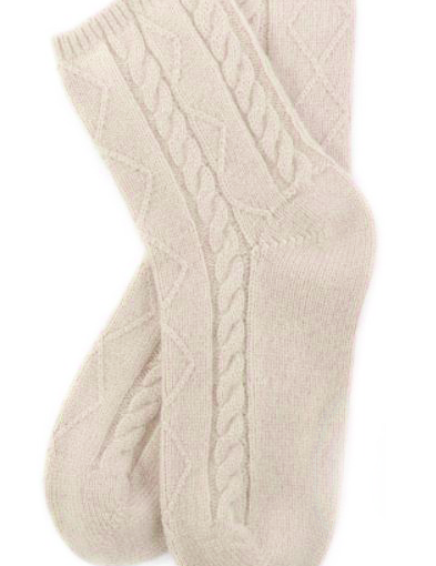 100% cashmere socks cable knit bed sock women cream