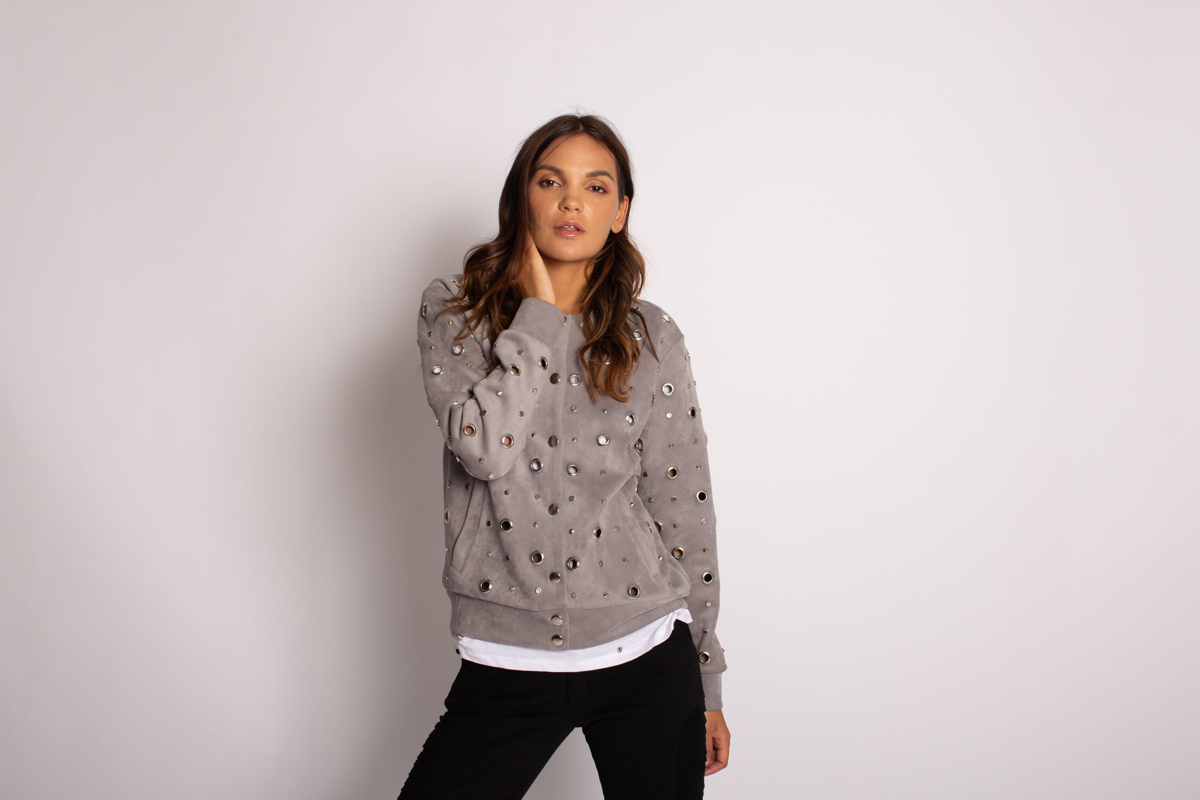 Embellished Suede Jacket Jacket Karen Thomas NY xl grey 