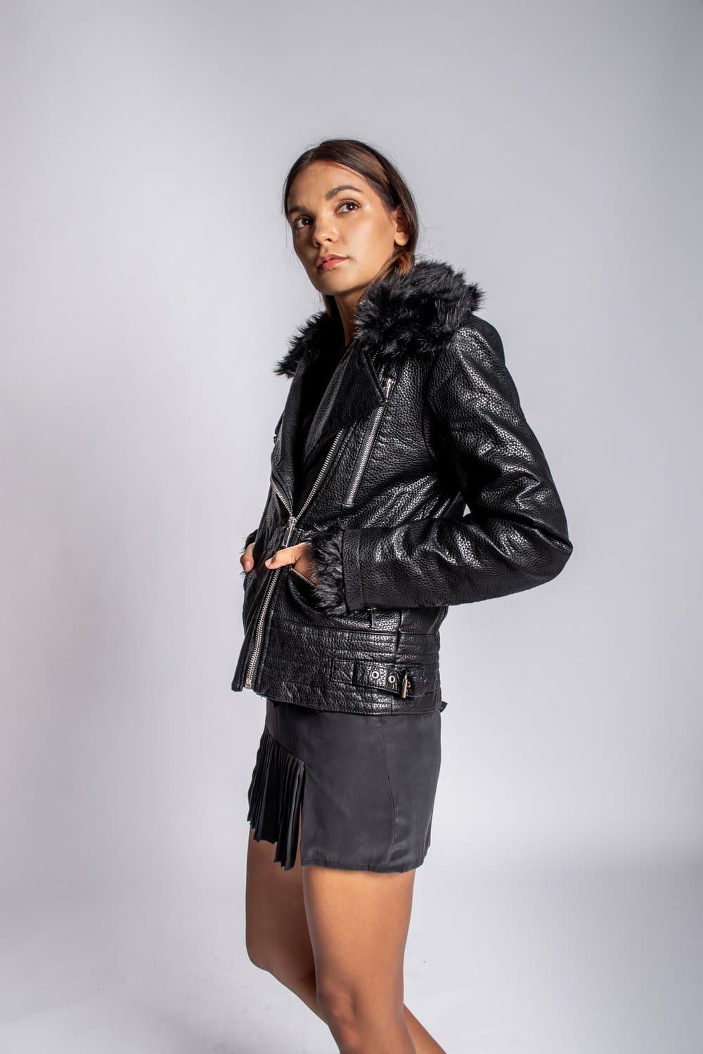 Pebbled Leather Jacket with Fox Fur Lining Jacket Karen Thomas NY 
