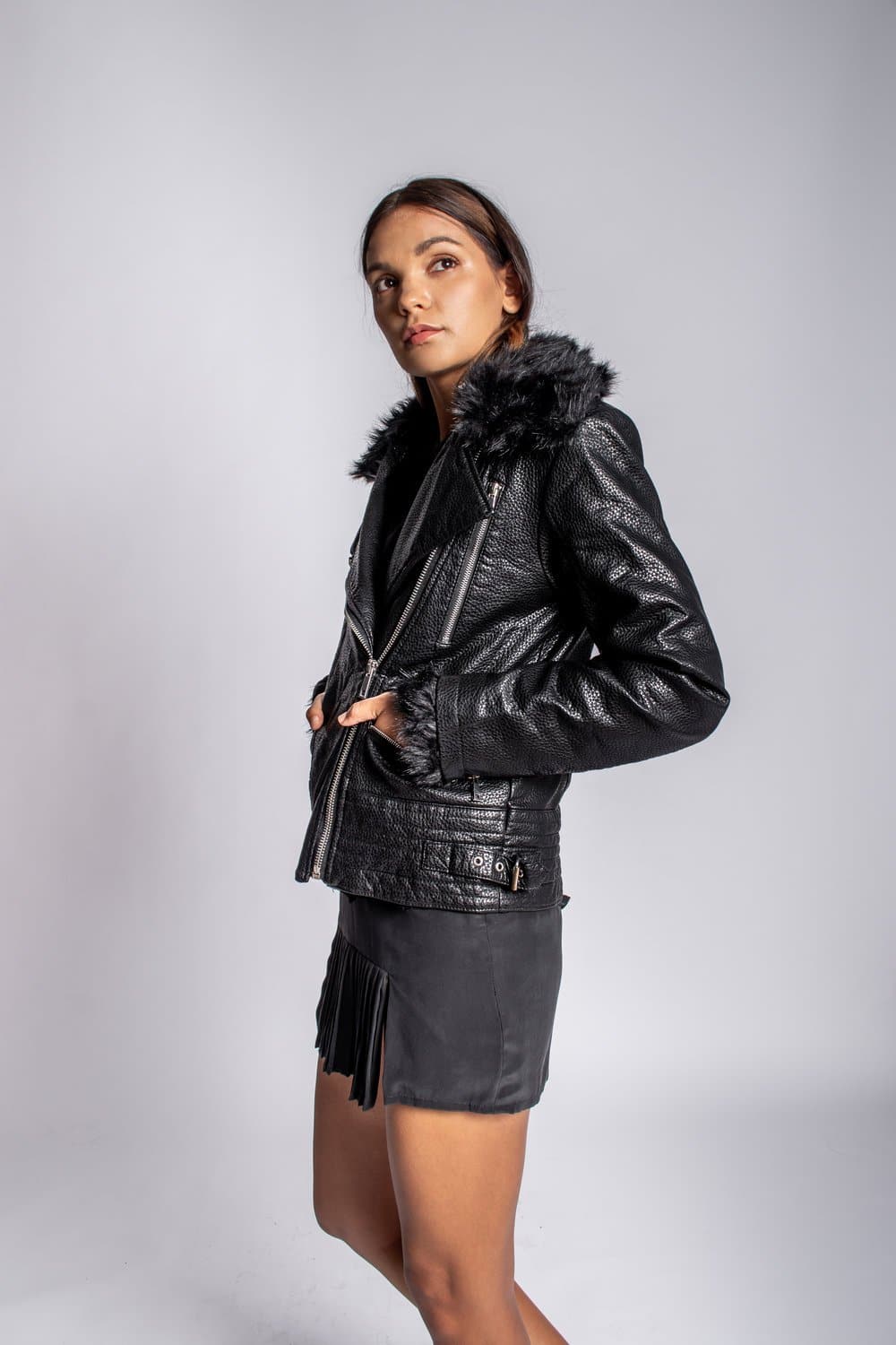 Pebbled Leather Jacket with Fox Fur Lining